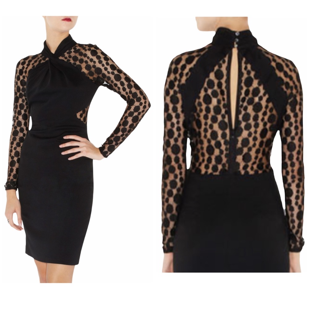 Karen Millen Polka Dot Sheer High Neck Black Dress